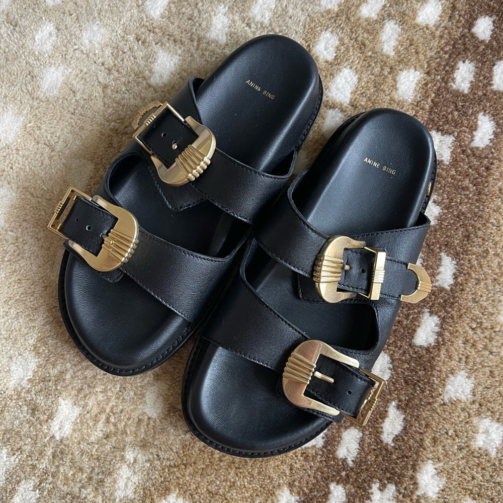 Anne Bing Black Sandals with Gold Buckles